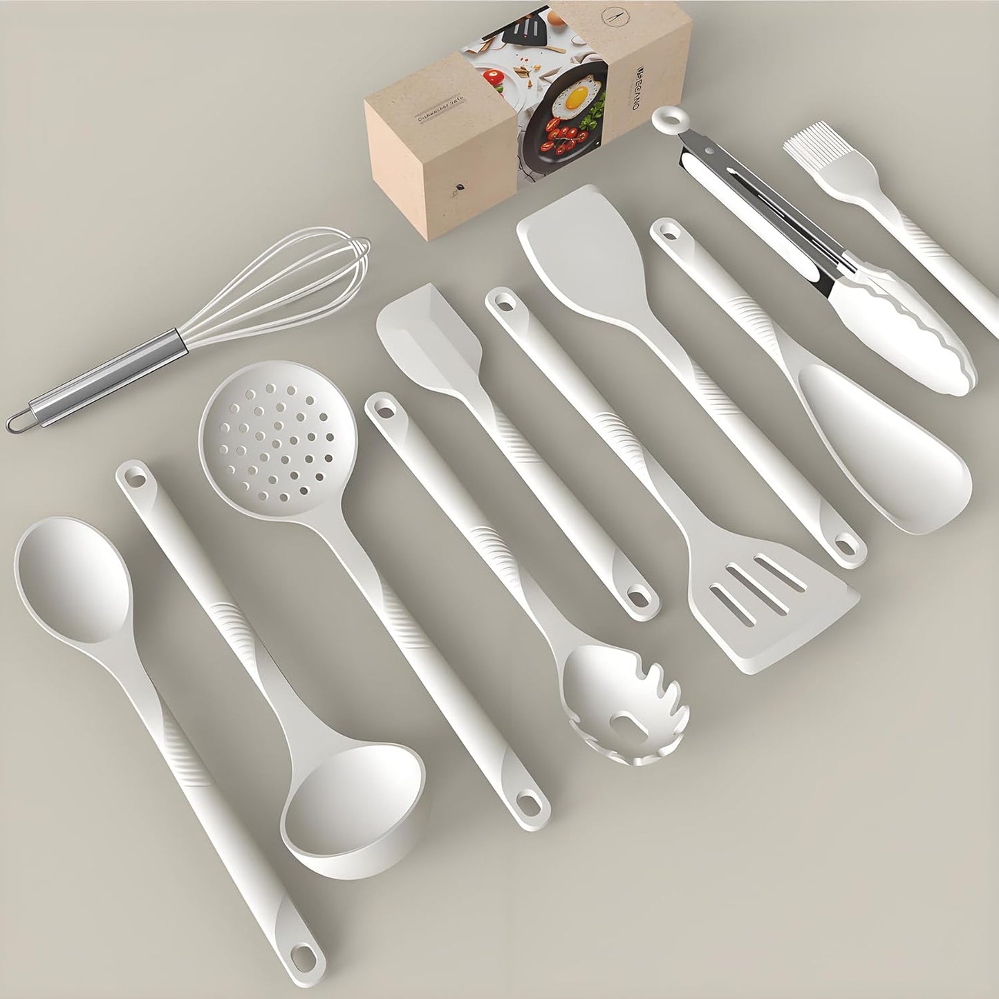 Silicone Cooking Utensils Set - 600°F Heat Resistant, Nonstick Kitchen Utensil Set with Spatulas, Spoons, Whisk, Tongs, BPA Free, Dishwasher Safe, Black
