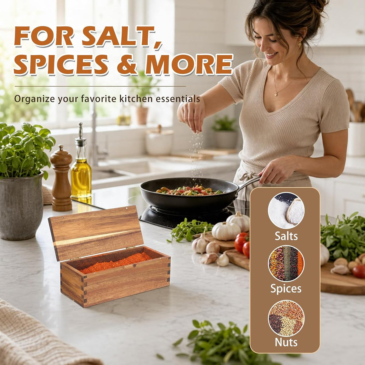 Acacia Wood Salt Cellar Spice Box with Magnetic Lid 29oz Large Capacity Salt Organizer 3 Compartments for Kitchen Countertop, Pepper, Seasonings, Spices, Grilling & Cooking
