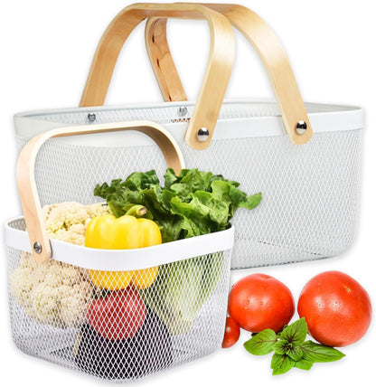Cheardia 2 Pack Picnic Baskets, Metal Mesh Harvest Basket with Foldable Wooden Handle, Rectangle Garden Storage Basket Bin for Vegetable Fruit Garden Kitchen Cabinet Picking Gathering