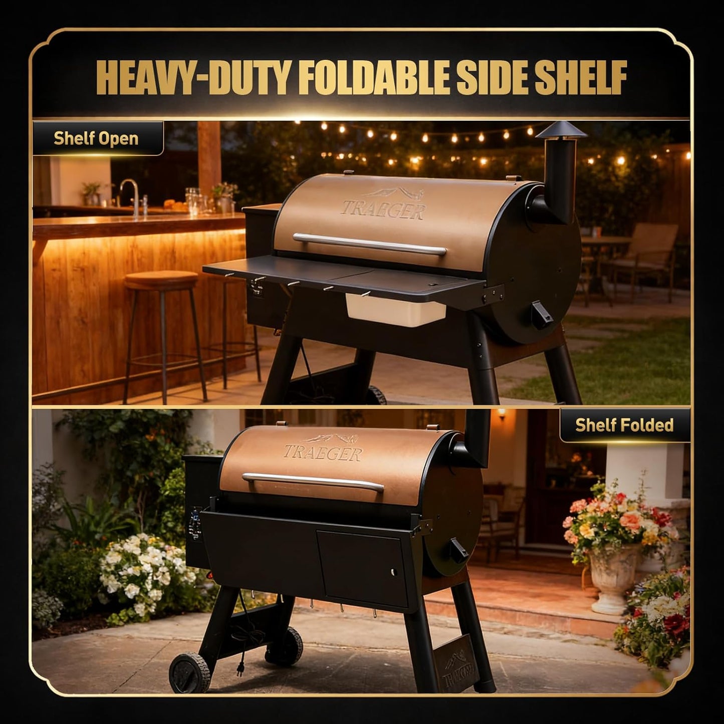 QuliMetal Folding Front Shelf for Traeger Pro 34, Texas Elite 34, Century 885 and Eastwood 34, 37" x 12" Heavy-Duty Grill Prep Table with Cutting Board, Stainless Steel Basin, Lid and 5 Hooks
