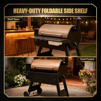 QuliMetal Folding Front Shelf for Traeger Pro 34, Texas Elite 34, Century 885 and Eastwood 34, 37" x 12" Heavy-Duty Grill Prep Table with Cutting Board, Stainless Steel Basin, Lid and 5 Hooks