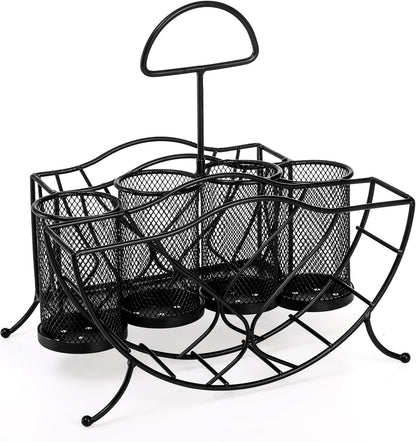 Bekith Silverware Caddy Paper Plate Napkin Holder, Utensil Holder with Handle, Countertop Flatware Caddy Portable Cutlery Storage Organizer for Kitchen, Picnic, Camping, Party, Metal Mesh, Black