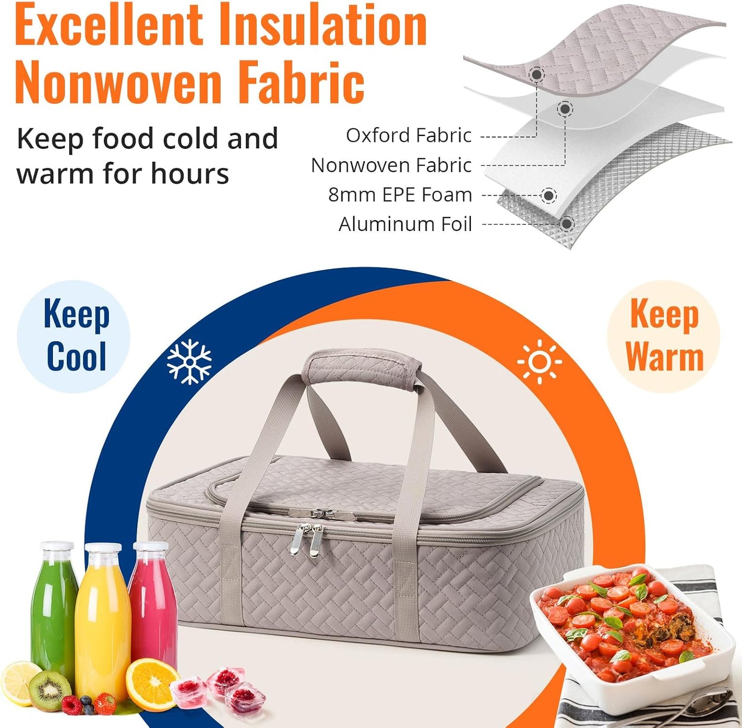 Insulated Casserole Carrier - Portable Casserole Carrier for Hot or Cold Food, Lasagna Holder for Parties,Picnic,Cookouts,Traveling - Fits 9" x 13" Baking Dish (Beige)