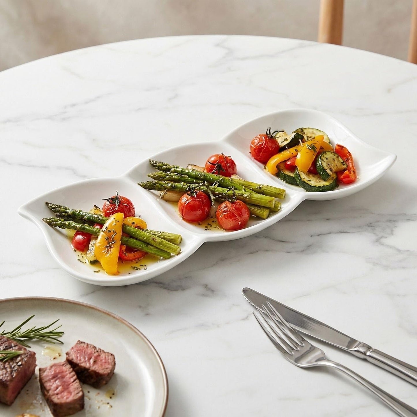 Chip and Dip Serving Set Porcelain Tray Deep Divided Bowl,Set of 2 Divided Platters/Divided Bowls,Lunch&buffet tableware,for Dishwashers,microwaves,ovens safety 13.9 Inch