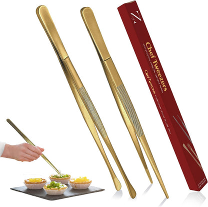 Namre' Tweezer Tongs for Cooking -Plating Tweezers - 2 Pack Stainless Steel Cooking Tongs - Thin Chopstick Tongs (Silver)