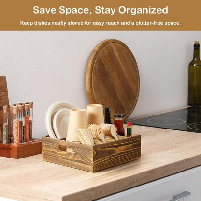 Acacia Wood Utensil Holder for Party, 6-Compartment Paper Plate and Silverware Organizer with Handles, Rustic Utensil Caddy for Parties, Outdoor Gatherings, and Kitchen Countertop Organization