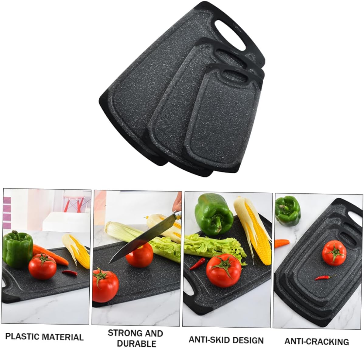 3pcs Anti-skid Plastic Cutting Boards Set, Large Thicker Dual-sided Kitchen Cutting Mats for Meats and Vegetables, Black Non-slip Home Use Chopping Board