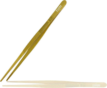 Cynamed 10” Kitchen Premium Tongs Tweezers Stainless Steel, Long with Precision Serrated Tips (Blue, Bayonet)