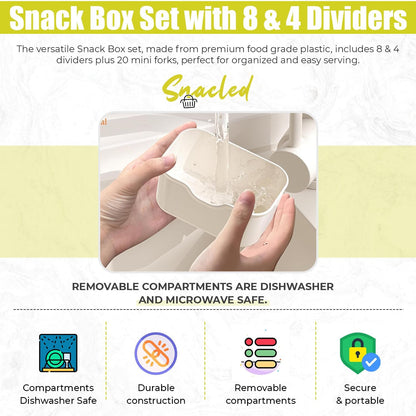 Divided Serving Tray with Lid & Handle| Multi-Purposed Snackle Box Bundle 8ct & 4ct Dividers 20pc Mini Forks| Snackle Box Container for Fruits Nuts Candy Charcuterie Platters Road Trips Picnics
