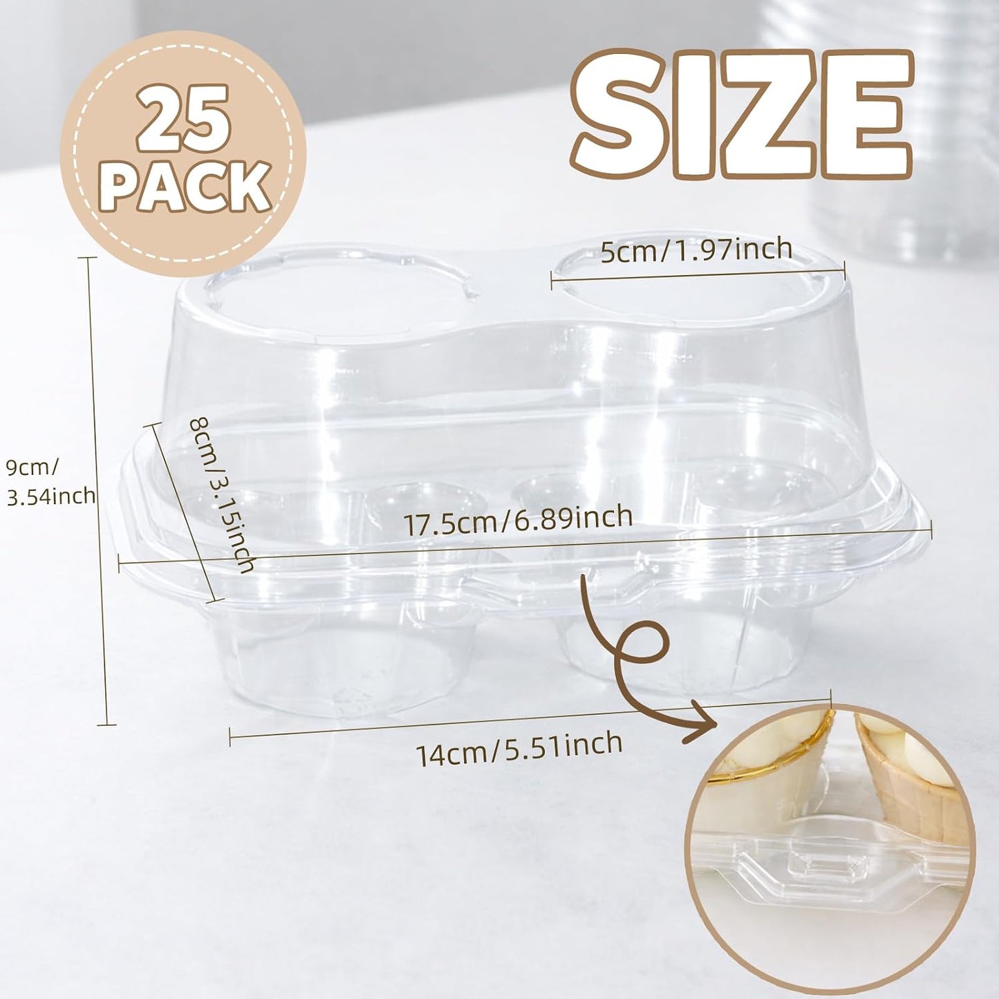 WIKDAY 2 Count Cupcake Containers with Lids, 25 Pack Stackable cupcake holders Clear Plastic Dessert Boxes for 50 Cupcakes, Muffins