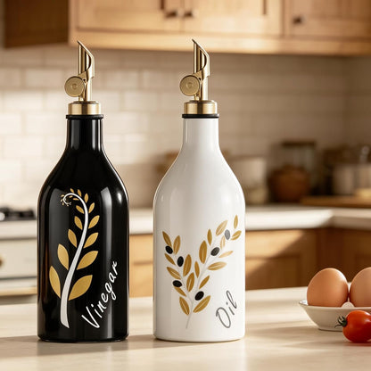 Oil and Vinegar Dispenser with Spout Set of 2, 13.5oz Olive Oil Dispenser Bottle for Kitchen Leakproof Oil Containers with Stainless Steel Pourer Suitable for Oil, Vinegar, Soy Sauce