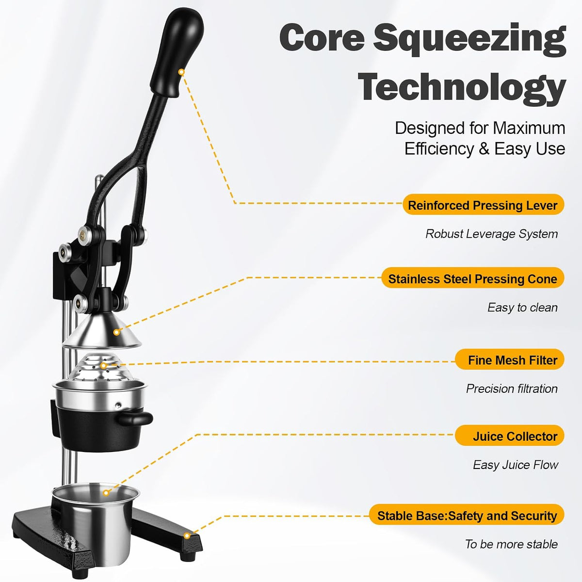 Lemon Squeezer Manual Citrus Juicer Press, Heavy Duty Cast Iron Orange Juicer with Stainless Steel Cone, Commercial Lever Juice Press for Lemon, Lime & Citrus Fruits, Easy to Clean