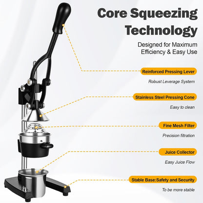Lemon Squeezer Manual Citrus Juicer Press, Heavy Duty Cast Iron Orange Juicer with Stainless Steel Cone, Commercial Lever Juice Press for Lemon, Lime & Citrus Fruits, Easy to Clean