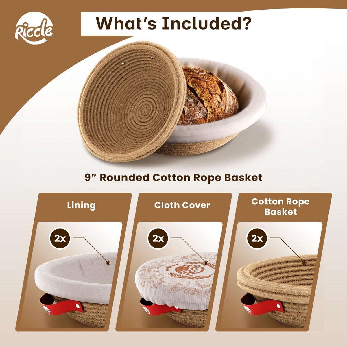 RICCLE Banneton Bread Proofing Basket, 2 Round Sourdough Banneton Baskets