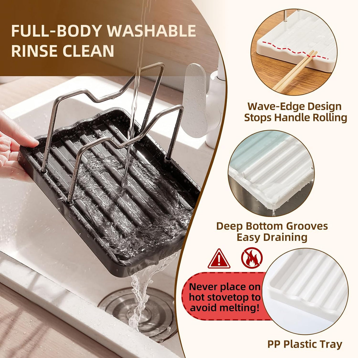 2 in 1 Pot Lid Holder & Spoon Rest for Kitchen Counter, Plastic Utensil Rest with Stainless Steel Pan Lid Holder Organizer While Cooking, Countertop Space Saving Pot Cover Rack | Easy to Clean