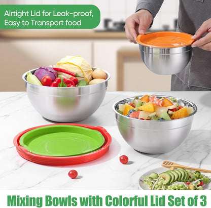 P&P CHEF Black Mixing Bowls with Lids, Set of 3, Stainless Steel Salad Nesting Bowl for Mixing, Storing, Prepping, Airtight & Stackable, Size 4.6/3 /1.5 QT