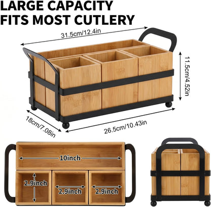 Silverware Caddy with 4 Removable Bamboo Compartments, Wood Utensil Holder & Paper Plate Dispenser for Countertop Organizing, Flatware, Spoons, Forks, Parties, BBQs, Picnics