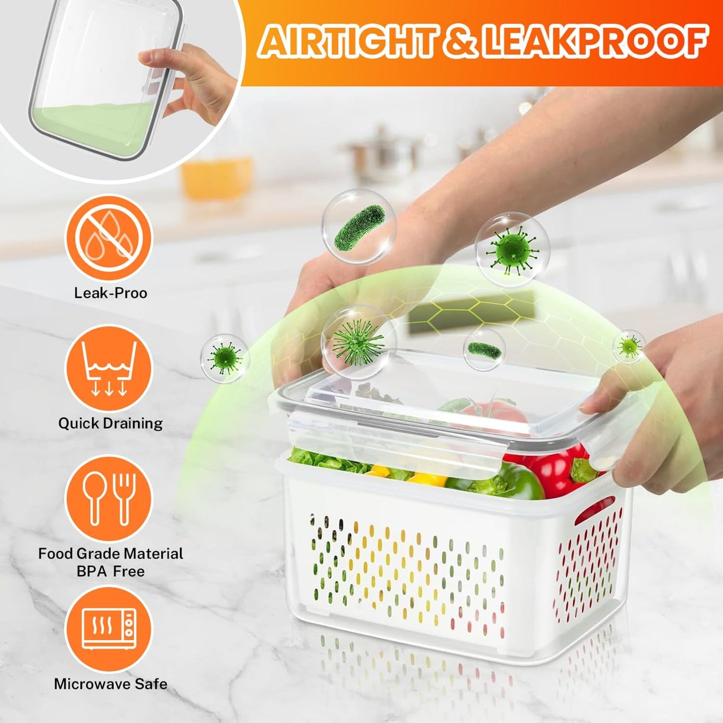 10 Pieces Fruit Storage Container for Fridge, 5 Pack Plastic Fruit Containers for Fridge with Removable Colander, Container for Fruit Berry Salad, BPA Free Kitchen Refrigerator Organizers