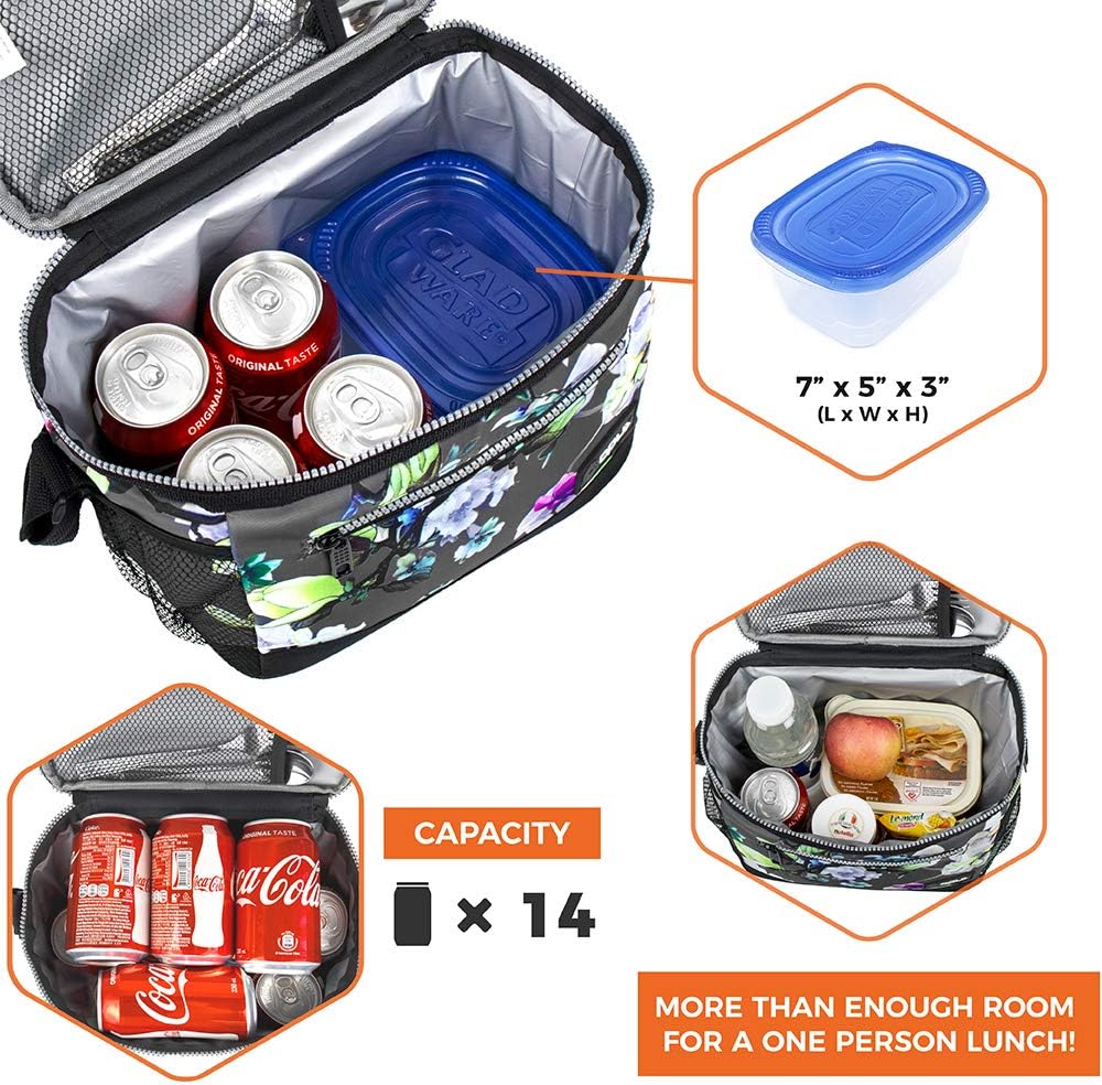 opux Insulated Lunch Box Men Women, Lunch Bag for Work School, Leakproof Soft Cooler Tote Adult, Large Lunch Pail Kids Boys Girls, Picnic Beach Food Bag with Shoulder Strap, Purple Floral