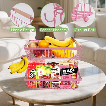Fruit Basket Bowl 2 Tier Detachable with 2 Banana Hangers, Fruit Stand Holder for Kitchen Countertop, Metal Wire Vegetable Storage Organizer, for Bread Snack Veggies Produce, Black