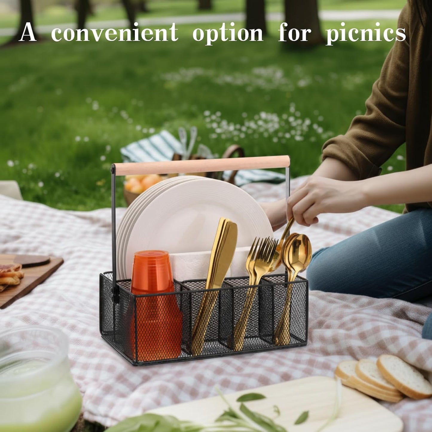 FoldTier Paper Plate Organizer with Handle for Countertop, Metal Utensil Silverware Caddy Cutlery Holder for Paper Plate Fork Spoon Cup Napkin Party Supplies Camping Picnic Accessories(White)