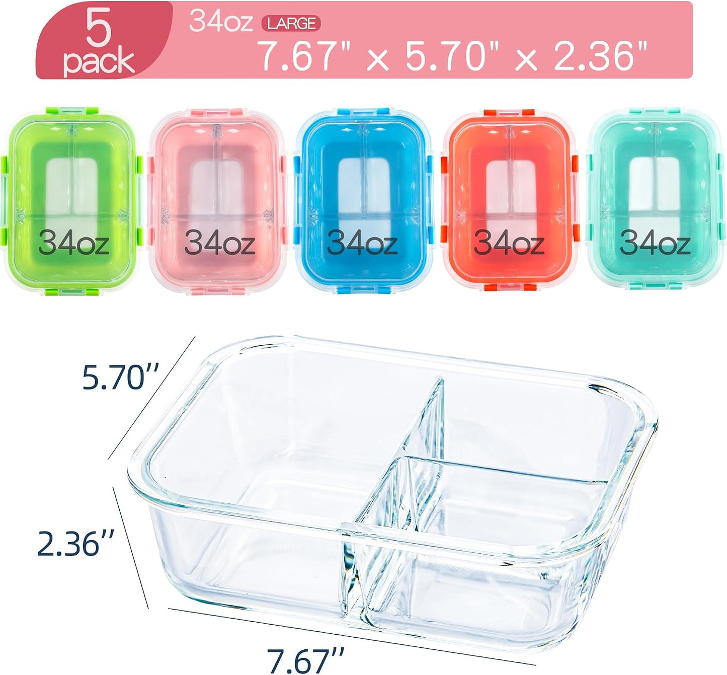 5 Pack Glass Meal Prep Containers 3 Compartment with Lids, Divided Glass Storage Containers with Silicone Sleeve for Lunch, Leak-Proof Portion Control Food Containers, Dishwasher Safe, 34 oz