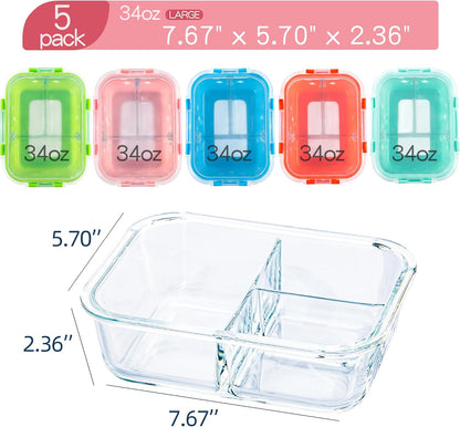 5 Pack Glass Meal Prep Containers 3 Compartment with Lids, Divided Glass Storage Containers with Silicone Sleeve for Lunch, Leak-Proof Portion Control Food Containers, Dishwasher Safe, 34 oz