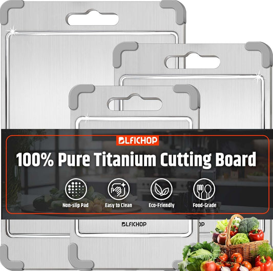 3PCS 100% Pure Titanium Cutting Boards for Kitchen, Food-Grade Metal Cutting Board for Meat, Fruit, and Veggies,Chopping Board with Anti-Slip Corner Protectors Removable, Dishwasher Safe Grey