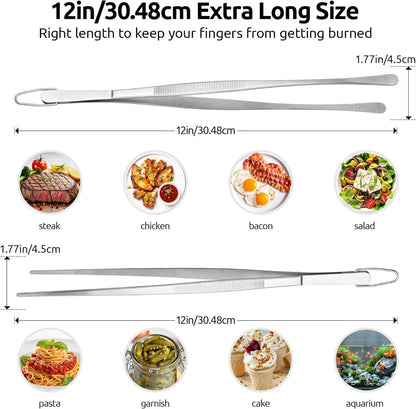 U-Taste 8"+10"+12" Kitchen Cooking Tweezer: 18/8 Stainless Steel Food-Grade Metal Food Tong, Flexible Pinching, Seamless-Welding and Sturdy for Serving Grilling Frying, Plating, Feeding (Pointed Tip)