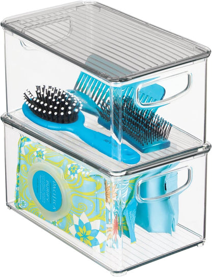 mDesign Deep Plastic Bathroom Storage Bin Box, Lid/Built-in Handles, Organization for Makeup, Hair Styling Tools, Toiletry Accessories in Cabinet, Shelves, Ligne Collection, 8 Pack, Clear