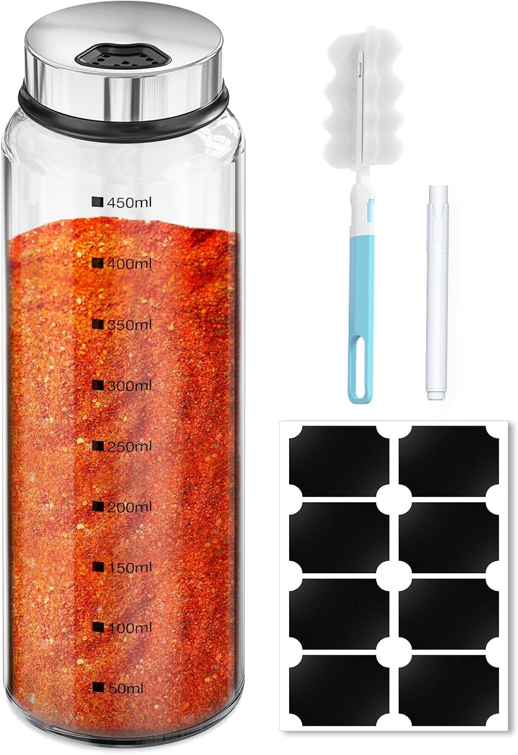 Segarty Spice Jars, 3 oz Spice Bottles with Shaker Lids, Glass Empty Seasoning Containers with Adjustable Pour Holes for Kitchen Spice Storage Stainless Steel Flow Top Salt and Pepper Shakers