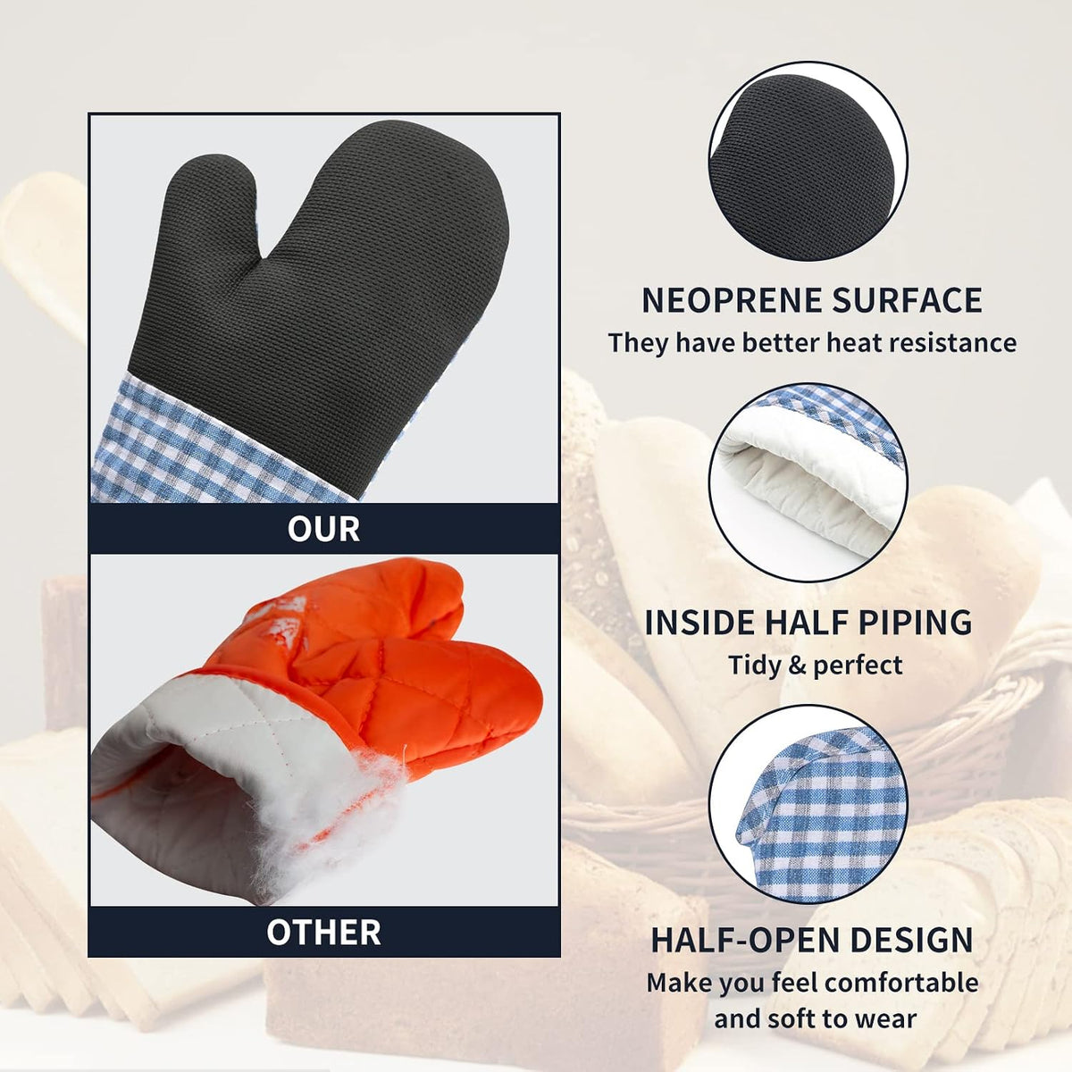 Oven Mitts and PotHolders Sets, 4 Pcs Kitchen Oven Glove High Heat Resistant 400°F Pot Holders for Kitchen, Non-Slip Neoprene Oven Mitts are Suitable for Cooking, Baking (Black)