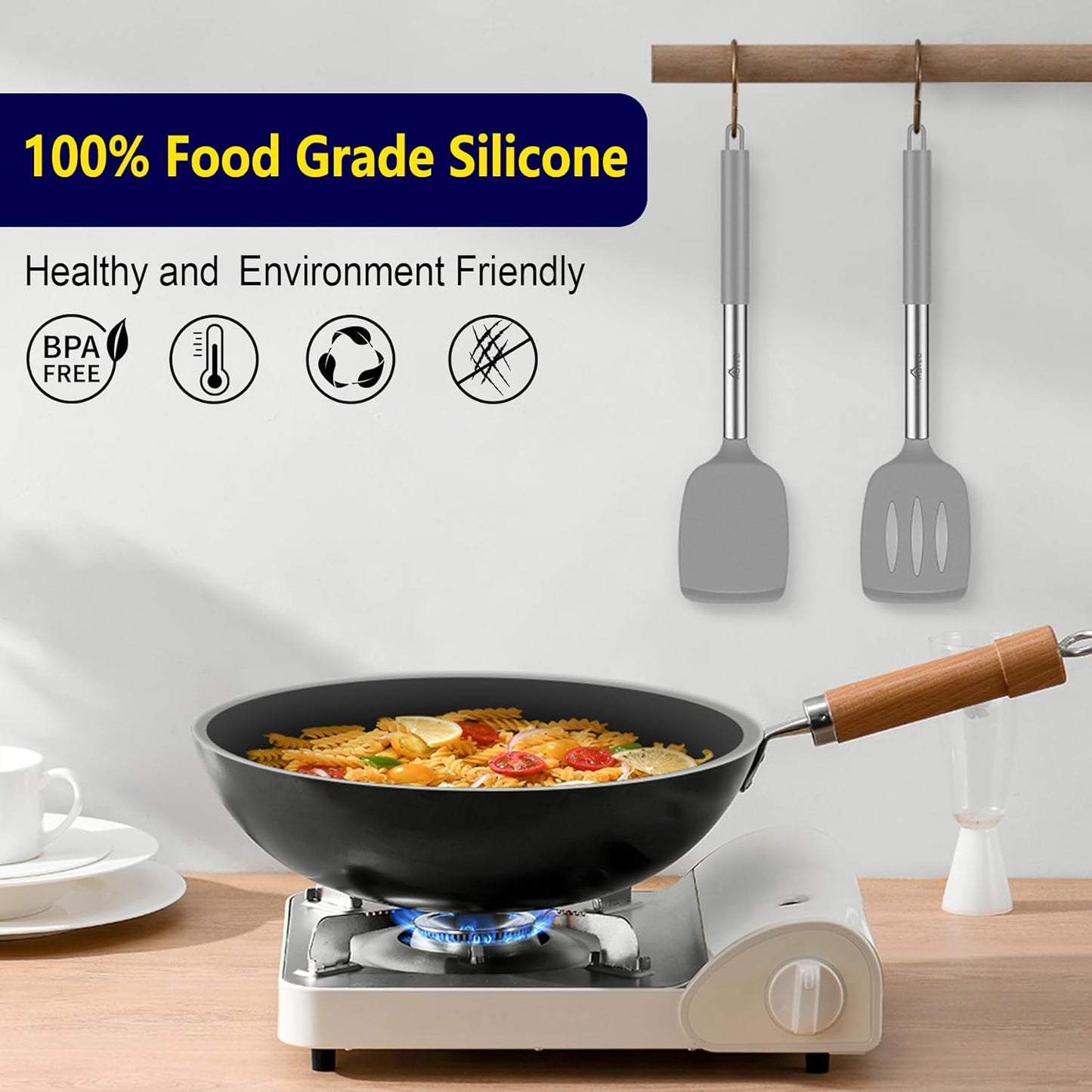 HOTEC Silicone Spatula Set of 2 Heat-Resistant 600°F & BPA-Free Kitchen SaptulaTurner with Stainless Steel Handles, Slotted & Solid Spatulas for Nonstick Cookware, 13.7 Inch, Classic Blue