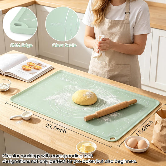 Silicone Pastry Mat, Non Slip Dough Mat with Measurements and Raised Edges, Food Grade Silicone Countertop Baking Mat for Rolling Dough, Kneading Bread, Cookies, Pizza, Pie Crust