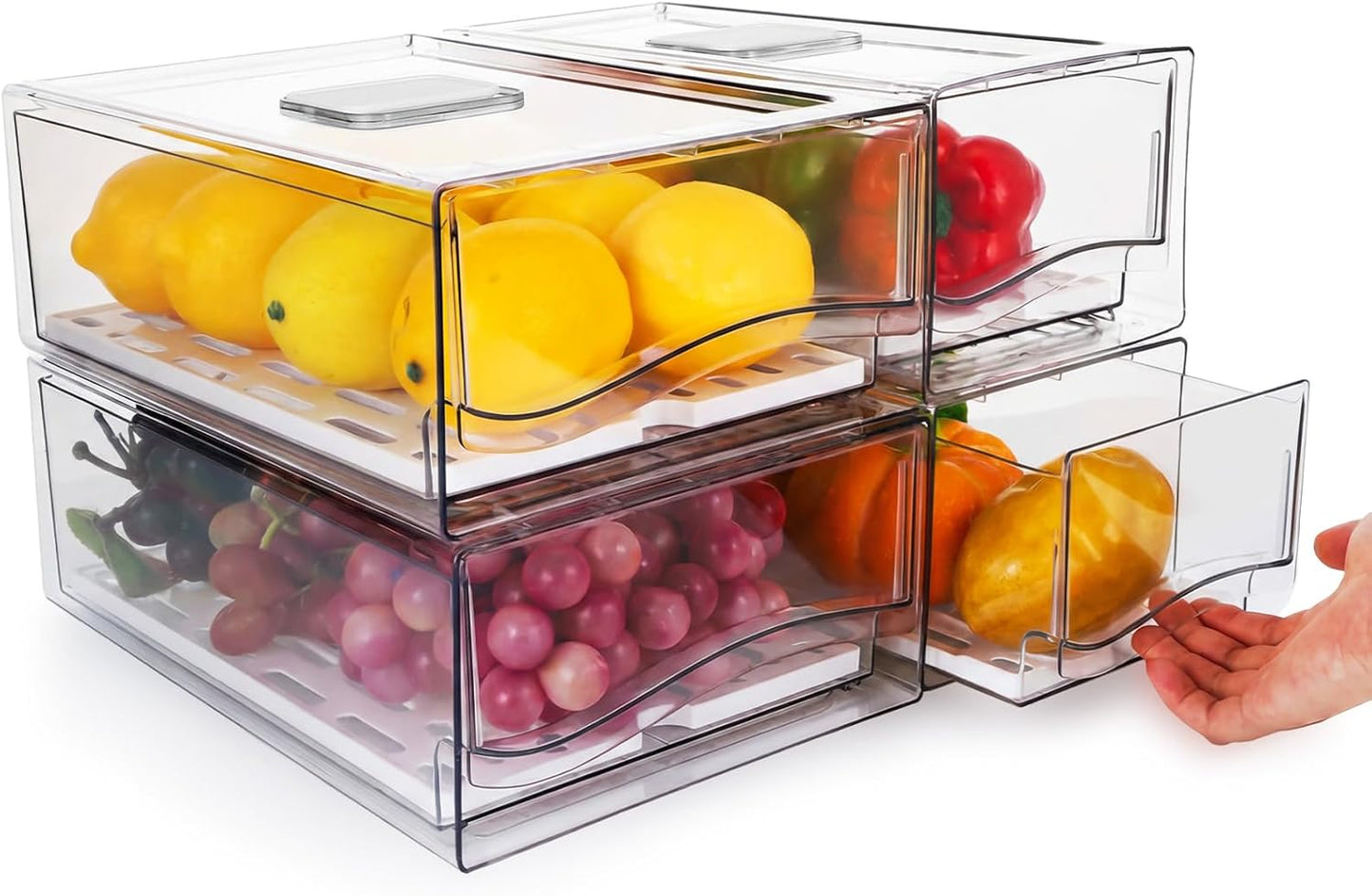 4Pack Fridge Organizer, Stackable Refrigerator Organizer Bins, Reusable Food Storage Containers, BPA-Free with Drain Tray for Bathroom, Kitchen, Refrigerator, Pantry (4 Drawers, Large, Medium)