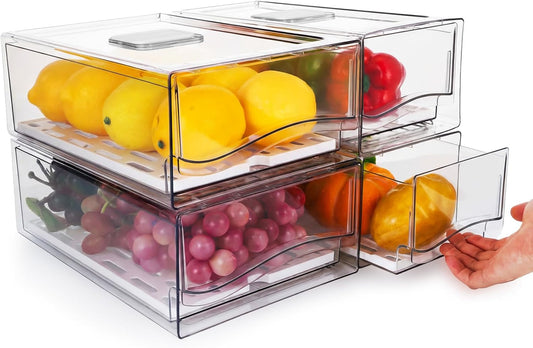 4Pack Fridge Organizer, Stackable Refrigerator Organizer Bins, Reusable Food Storage Containers, BPA-Free with Drain Tray for Bathroom, Kitchen, Refrigerator, Pantry (4 Drawers, Large, Medium)