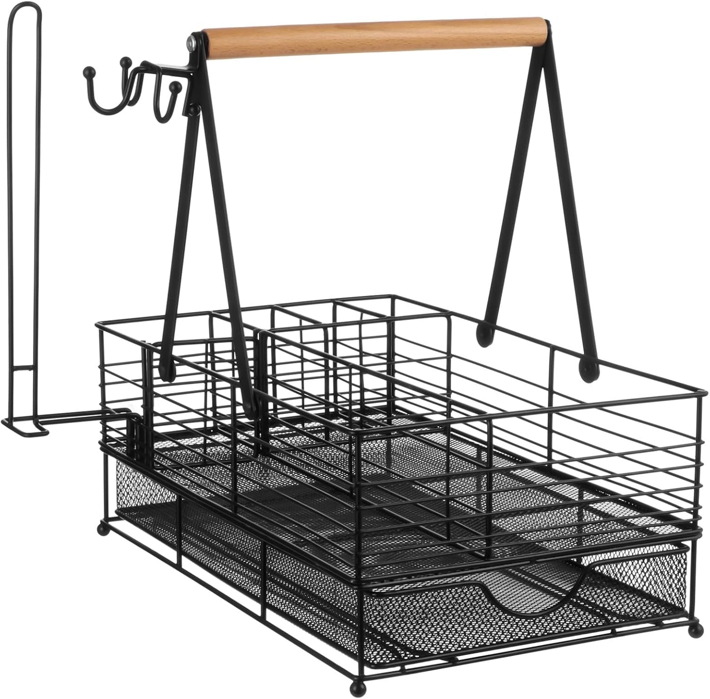 1 Pack Large Grill Caddy, BBQ Tool Organizer with Paper Towel Holder, Powder-Coated Steel Caddy Organizer, Rust-Resistant, 3 Side Hooks, Adjustable Dividers, Camping, RV, Black