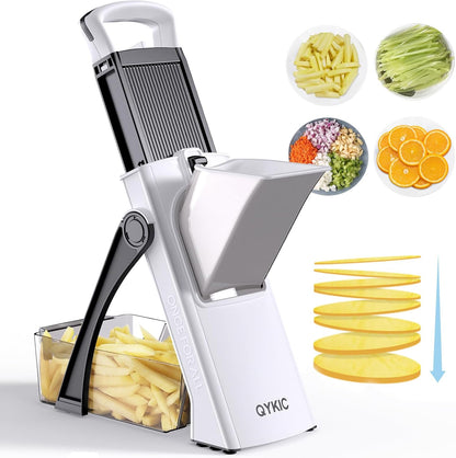 8 in 1 Mandoline Slicer for Kitchen, Vegetable Chopper, Potato Slicer, Fry Cutter Onion Chopper with Drain Basket Food Container with Lid, Stainless Steel Cheese Grater for Quick Meal Pre (Black)