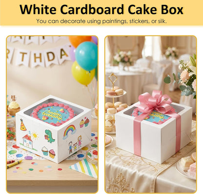 Moretoes 2 Pack Cake Boxes 10 Inch with Boards, 10x10x5 Inches White Cake Carrier Bakery Containers, Disposable Bakery Boxes for Valentine's Day Mother's Day for Cake Cupcake Cookie Pie Pastry