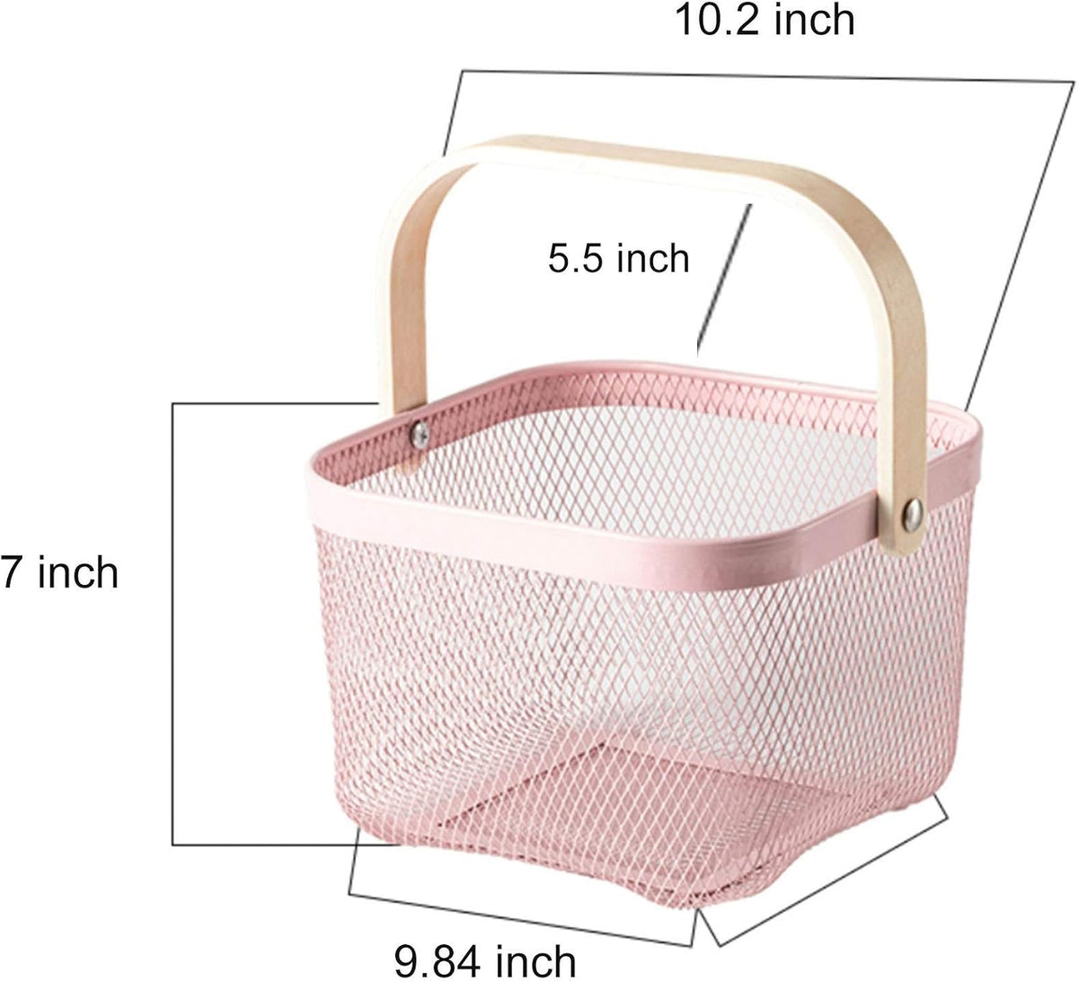 AJIODA Metal Mesh Steel Basket, Storage Organizer Basket Multi-functional Hanging Kitchen Baskets Fruit Basket Bin with Bamboo Handle for Kitchen Bathroom Picnic Shopping Decor Cabinet Home, Blue
