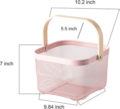 AJIODA Metal Mesh Steel Basket, Storage Organizer Basket Multi-functional Hanging Kitchen Baskets Fruit Basket Bin with Bamboo Handle for Kitchen Bathroom Picnic Shopping Decor Cabinet Home, Blue
