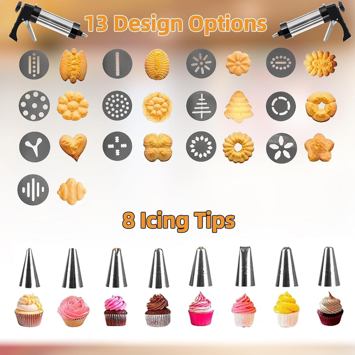 Cookie Press Gun Kit with 13 Design Discs and 8 Icing Nozzles, Black