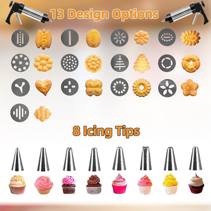 Cookie Press Gun Kit with 13 Design Discs and 8 Icing Nozzles, Black