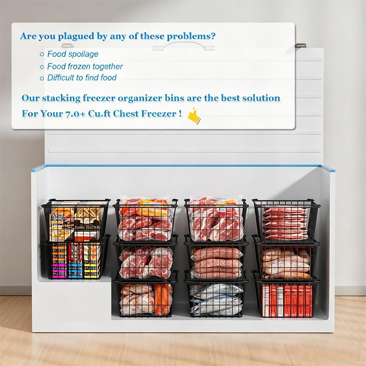 Freezer Organizer Bins, Large Capacity Stackable Baskets for Deep Chest Freezer Easy Get and Sort Bottom Frozen Meats Food Storage Containers Pantry Storage and Organization, 4pcs