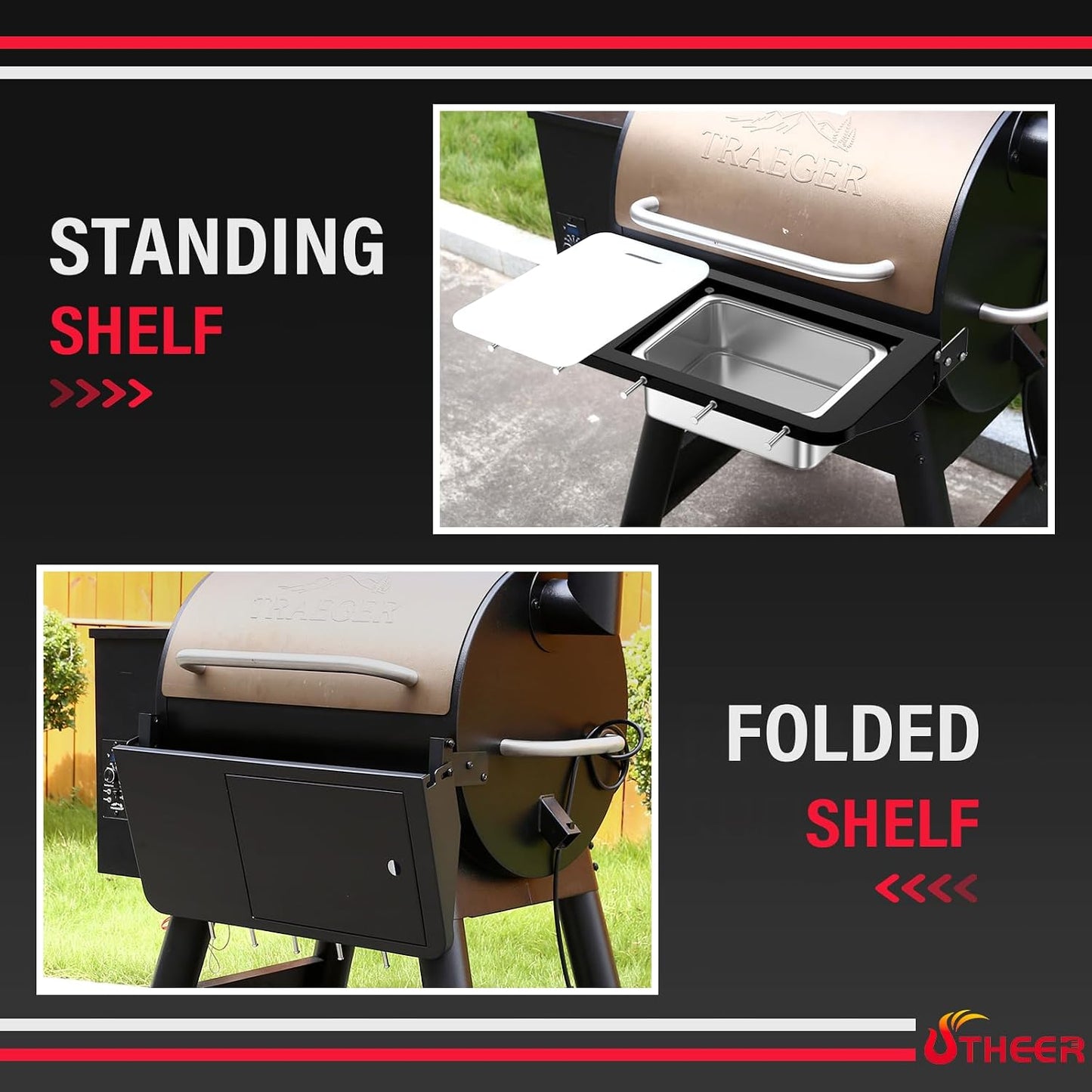 Upgraded Grill Table for Weber Kettle 22"/18"/26", Master Touch 22", Smokey Mountain, Recteq Pellet Grill RT-B380, Prep Station with Cutting Board, Basin, 4 Hooks, Shelf for Weber Kettle Accessories