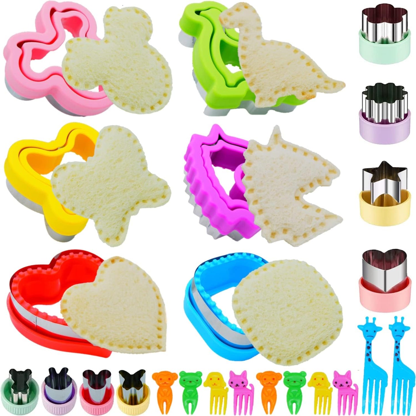 BANIC Uncrustable Sandwich Cutter, 43 Pcs Sandwich Cutter and Sealer, Crustless Sandwich Cutter Heart Star Unicorn Dino Butterfly etc, Lunch & Bento Box Accessories with Storage Container