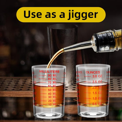 3Pcs Shot Glass Measuring Cup 3 Ounce/90ML Liquid Heavy High Espresso Glass Cup Black Line Espresso Shot Glasses with Measurement (3, Red scale)