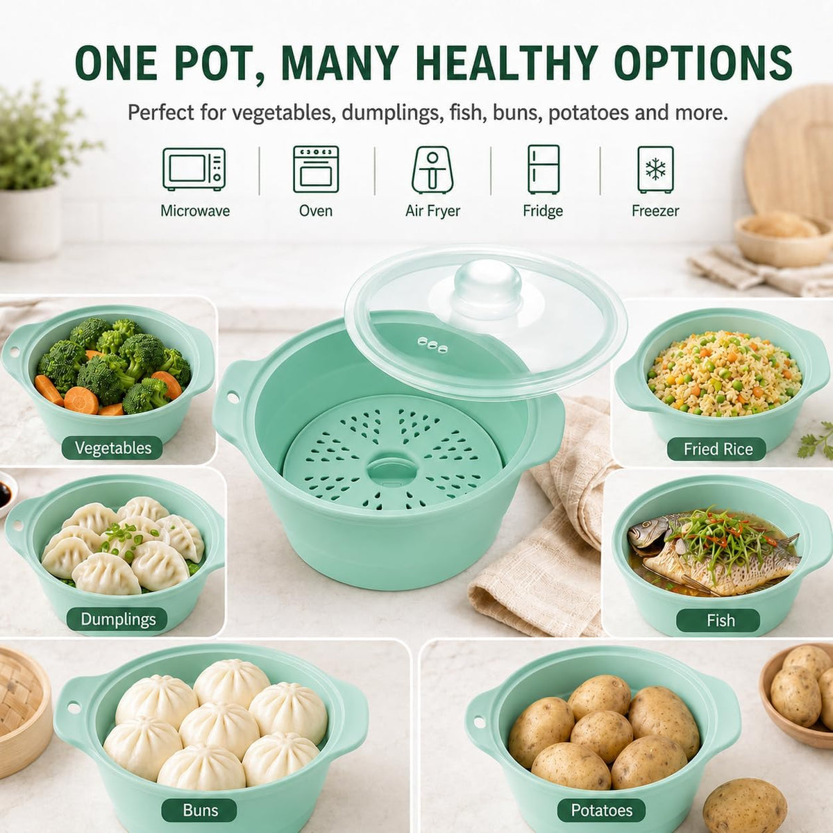 Collapsible Silicone Microwave Vegetable Steamer with Removable Steam Rack