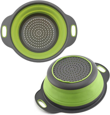 3PCS Green Foldable Kitchen Strainer Set – Silicone Colander Collapsible Strainers and Colanders Green Collander for Kitchen Collapsible Compact Drain Tools for Cooking Prep