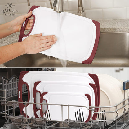 Zulay Kitchen (3-Piece Set) Cutting Boards For Kitchen Dishwasher Safe - Plastic Cutting Board Set - Non Slip Kitchen Cutting Board With Juice Groove - Multiple Sizes (White/Red)